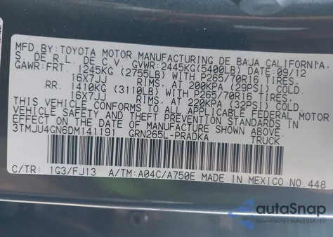 2013 Toyota Tacoma Prerunner V6 z USA, uszkodzony, nr VIN 3TMJU4GN6DM141191